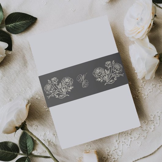 Klassische Karkohle Monogram Formal Florals Weddin Einladungsbanderole