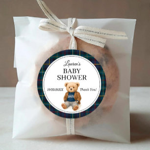 Klassische Karo-Teddybär-Baby-Shower-Aufkleber  Runder Aufkleber
