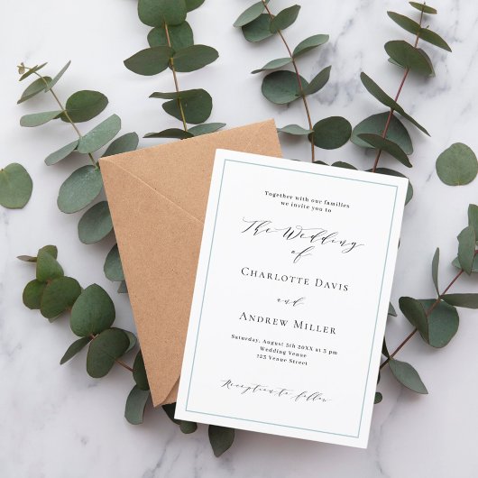 Klassische klassische Hochzeit in weißem, staubbla Einladung