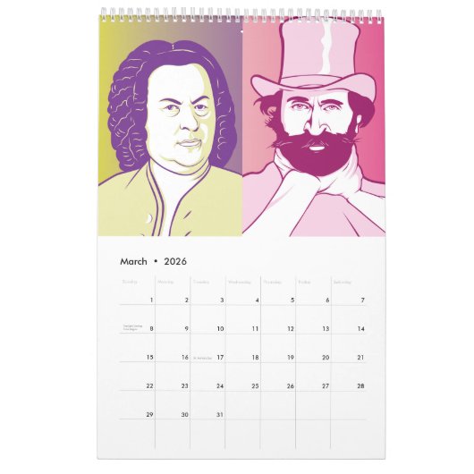 Klassische Komponisten Portraits, Cartoon Style Kalender (Mär 2026)