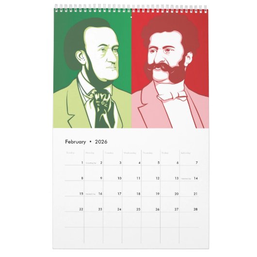 Klassische Komponisten Portraits, Cartoon Style Kalender (Feb 2026)