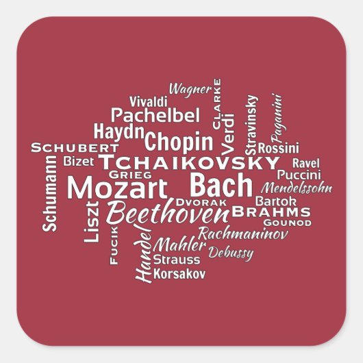 Klassische Komponisten Word Cloud Quadratischer Aufkleber (Vorderseite)