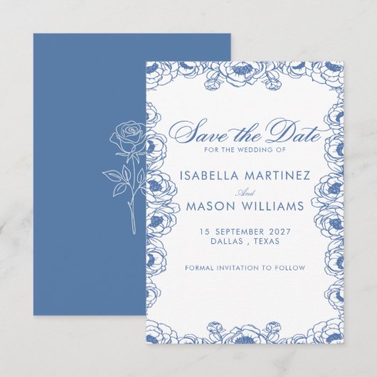Klassische königsblaue französische Blumen Save-th Save The Date (Vorne/Hinten)
