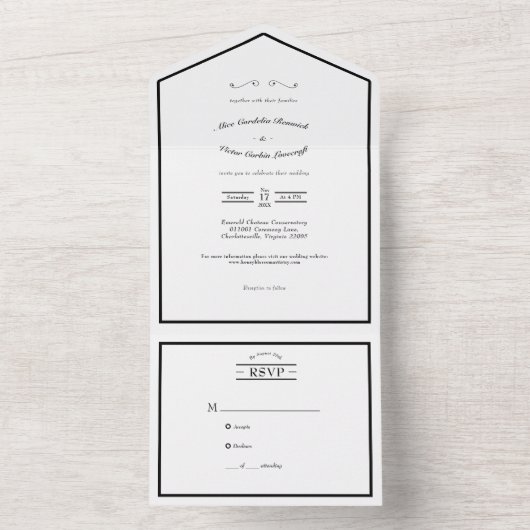 Klassische Lässige Schwarz-weiße Hochzeit All In One Einladung (Innen Boden)