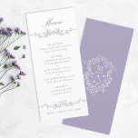 Klassische Lavendel-Blumen-Hochzeit Menükarte<br><div class="desc">Elegantes Lavendel-Blumen-Hochzeitsmenü mit Blumenwappen und Monogrammen auf der Rückseite.
Für weitere Anpassungen dieses Designs klicken Sie bitte auf den DESIGN-TOOL-Button oben!</div>