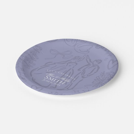 Klassische Lavendelhandzeichnung Hochzeitskunst Pappteller (Schrägansicht)
