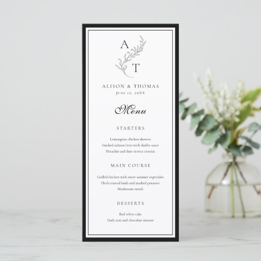 Klassische leaf Monogram Wedding Flat Menu Card Menükarte (Stehend Vorderseite)