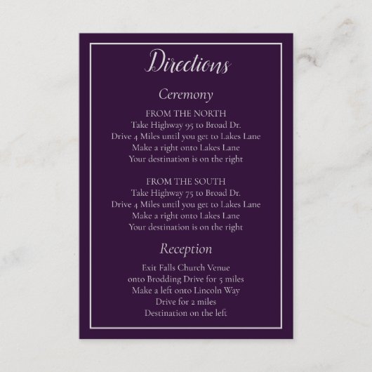 Klassische Lila- und Silberhochzeitrichtungen Begleitkarte (Vorderseite)