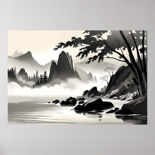 klassische Malerlandschaft Schwarz-weiß Poster (Vorne)