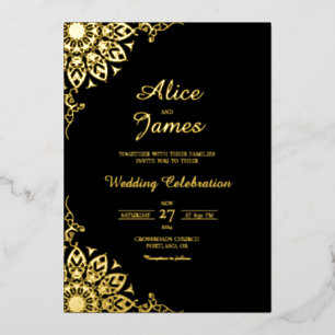 Klassische Mandala-Schwarzgoldfolie-Hochzeitseinla Folieneinladung