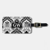 Klassische Maskuline Schwarz-weiß Damask Monogram Gepäckanhänger (Vorderseite horizontal)