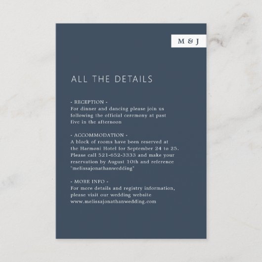 Klassische Minimal Navy Blue Monogram Wedding Deta Begleitkarte (Vorderseite)