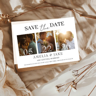 Klassische minimalistische 3-Foto-Hochzeitsankündi Save The Date