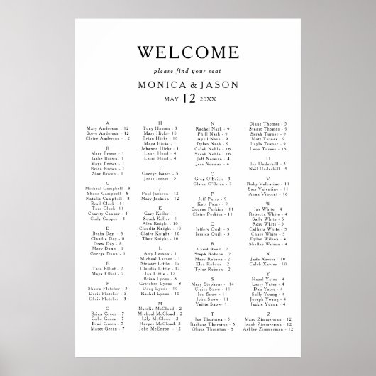 Klassische Minimalistische Alphabetische Sitzkarte Poster (Vorne)