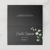 Klassische Minimalistische Eukalyptus Black Weddin Platzkarte (Außenseite Aufgefaltet)