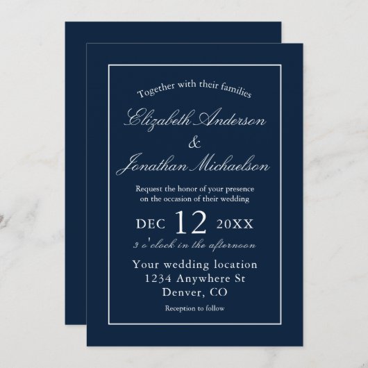 Klassische Minimalistische Hochzeit der Marine Einladung (Vorne/Hinten)