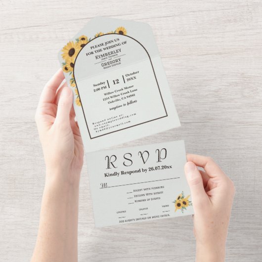 Klassische Minimalistische Sonnenblumenarche Grün All In One Einladung (Abreißen)