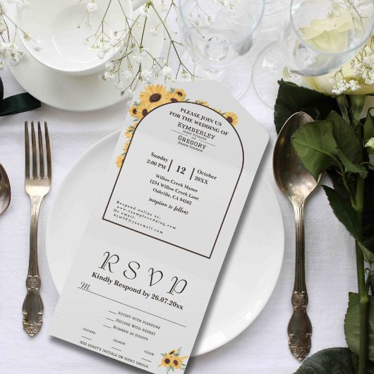 Klassische Minimalistische Sonnenblumenarche Grün All In One Einladung