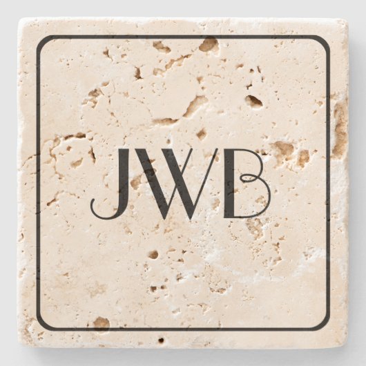Klassische Mit Monogramm Maskuline Travertin Steinuntersetzer (Vorderseite)