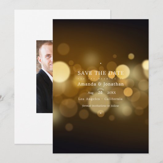 Klassische moderne Bokeh-Hochzeitslichter Termin m Save The Date (Vorne/Hinten)