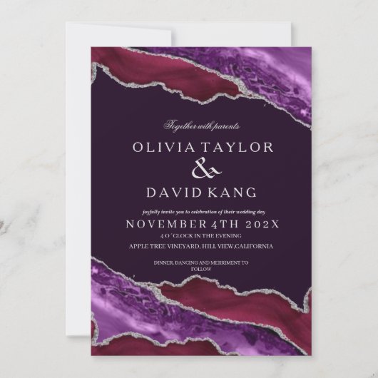 Klassische moderne Burgund & Lila Silberhochzeit Einladung (Vorderseite)