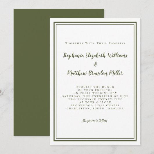 Klassische moderne, einfache Olive Green & White W Einladung (Vorne/Hinten)