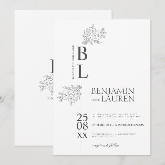 Klassische Moderne Elegante Blumenweiße Hochzeit Einladung (Vorne/Hinten)