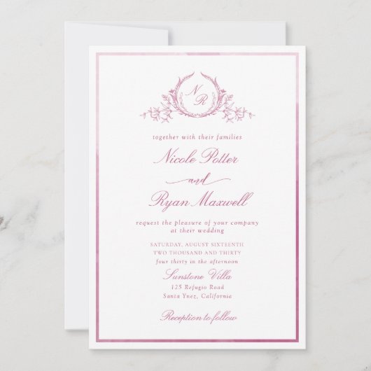 Klassische Mongram Mauve Pink Watercolor Wedding Einladung (Vorderseite)