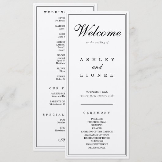 Klassische Monogram Black & White Simple Wedding Programm (Vorne/Hinten)