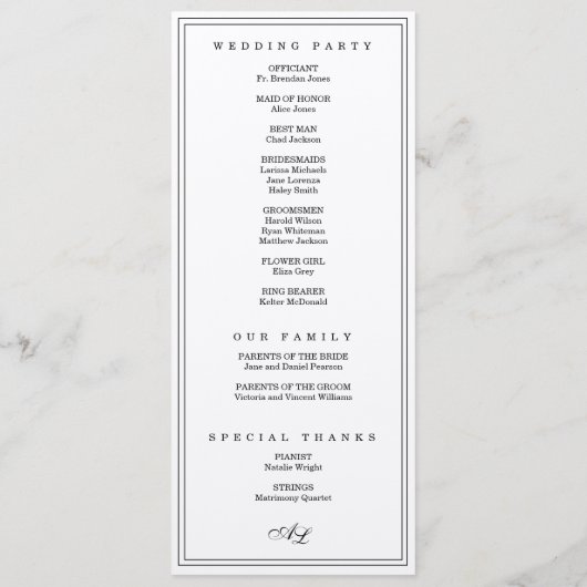 Klassische Monogram Black & White Simple Wedding Programm (Rückseite)