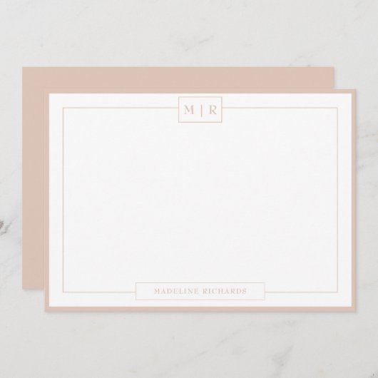 Klassische Monogram Boho Beige Border Stationery Mitteilungskarte (Vorne/Hinten)