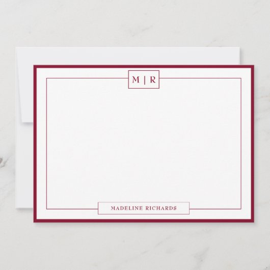 Klassische Monogram Burgundy Border Stationery Mitteilungskarte (Vorderseite)