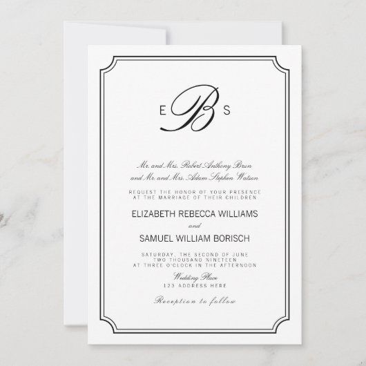 Klassische Monogram Elegant White Black Wedding Ei Einladung (Vorderseite)