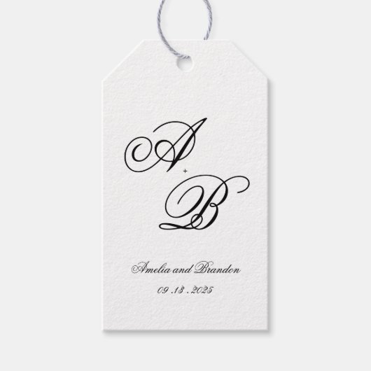 Klassische Monogram Script Schwarz und Weiß Hochze Geschenkanhänger (Vorderseite)