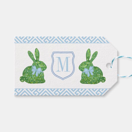 Klassische Monogram Topiary Bunny Baby Boy Favor G Geschenkanhänger (Vorderseite (Horizontal))