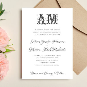 Klassische, monogramm-elegante Vintage-Hochzeit Einladung