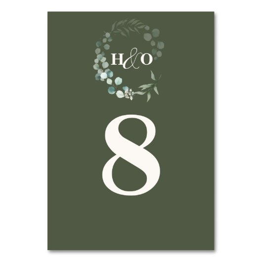 Klassische Monogramm-Garten-Eukalyptus-Hochzeit Tischnummer (Vorderseite)