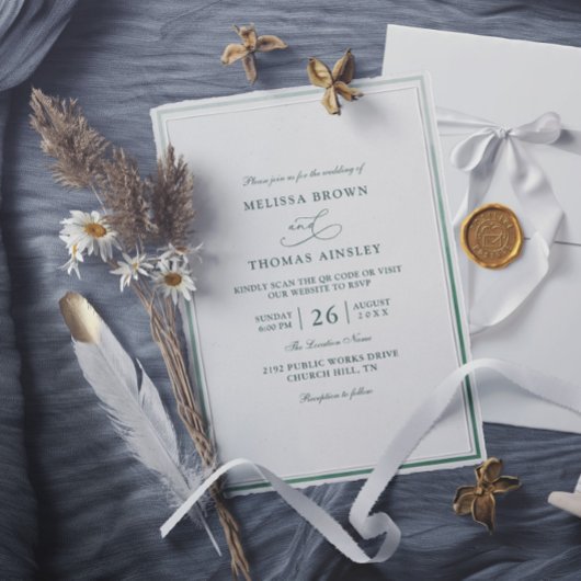 Klassische Monogramm-Grüne Budget-QR-Code-Hochzeit Einladung