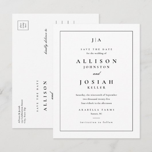 Klassische Monogramm-Hochzeit speichert das Datum Ankündigungspostkarte (Vorne/Hinten)