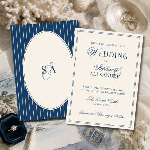 Klassische Monogramm Navy Blau Elfenbein Old Money Einladung