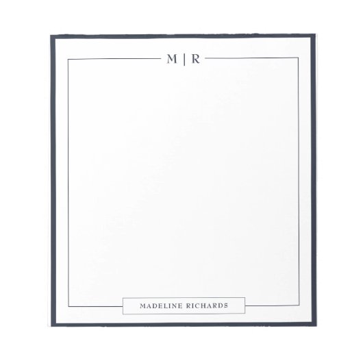 Klassische Monogramm-Navy-Blue-Rand-Papeterie Notizblock (Vorderseite)