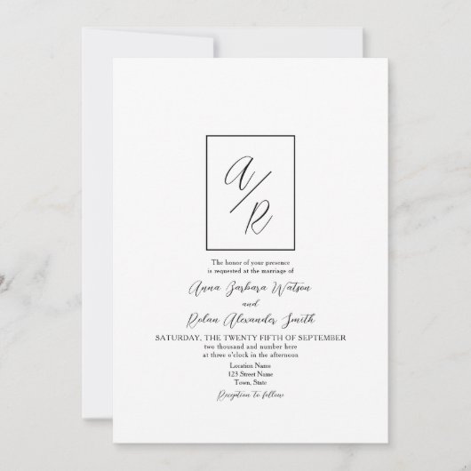 Klassische Monogramm Schwarz-Weiß-Hochzeit Einladung (Vorderseite)