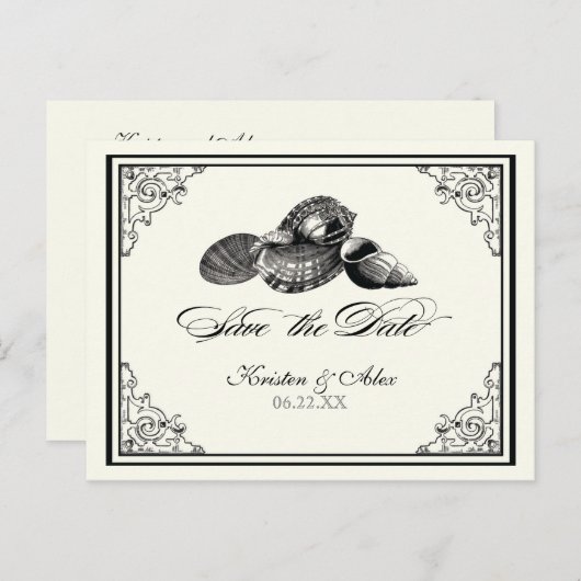 Klassische Muscheln Schwarzer Creme Save the Date  Ankündigungspostkarte (Vorne/Hinten)