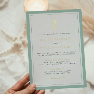 Klassische nautische Seepferdchen-Hochzeit Goldfol Folieneinladung