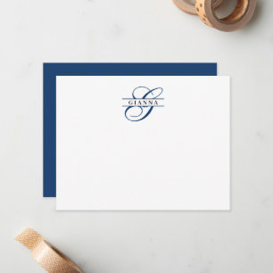 Klassische Navy Blue Calligraphy Split Monogram Mitteilungskarte