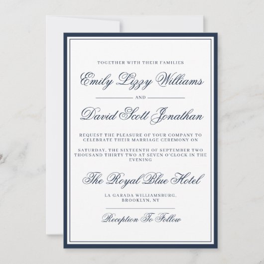 Klassische Navy Blue Elegant Script Traditionell Einladung (Vorderseite)