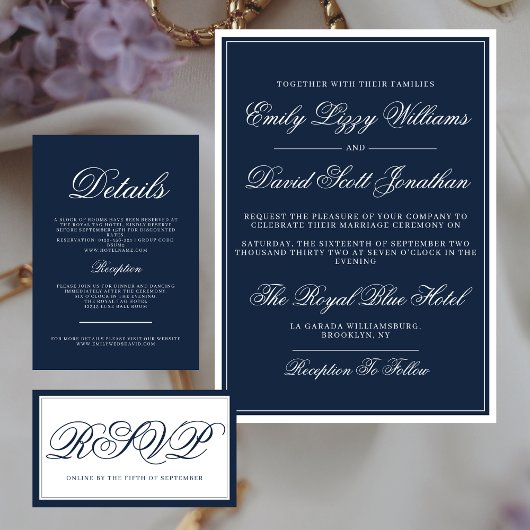 Klassische Navy Blue Elegant Script Traditionell Einladung