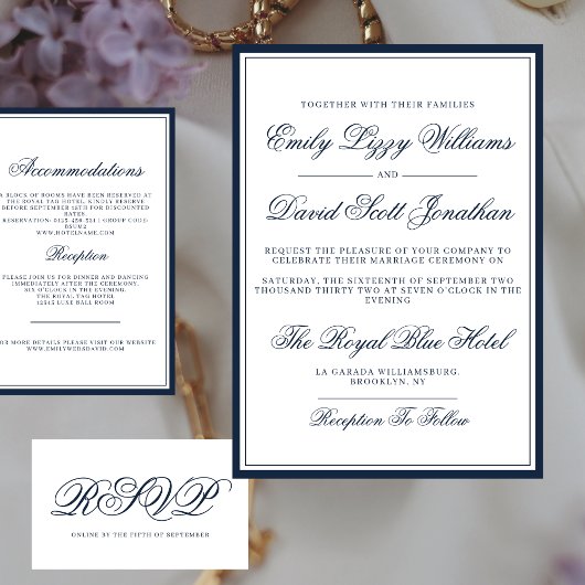 Klassische Navy Blue Elegant Script Traditionell Einladung