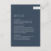Klassische Navy Blue Monogram Script Hochzeitdetai Begleitkarte (Vorderseite)
