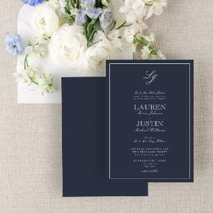 Klassische Navy Blue Script Monogram Wedding Einladung